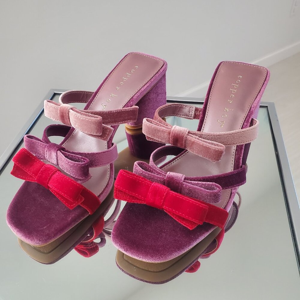 Primrose Color Block Three Strap Bow Velvet Dress Sandals